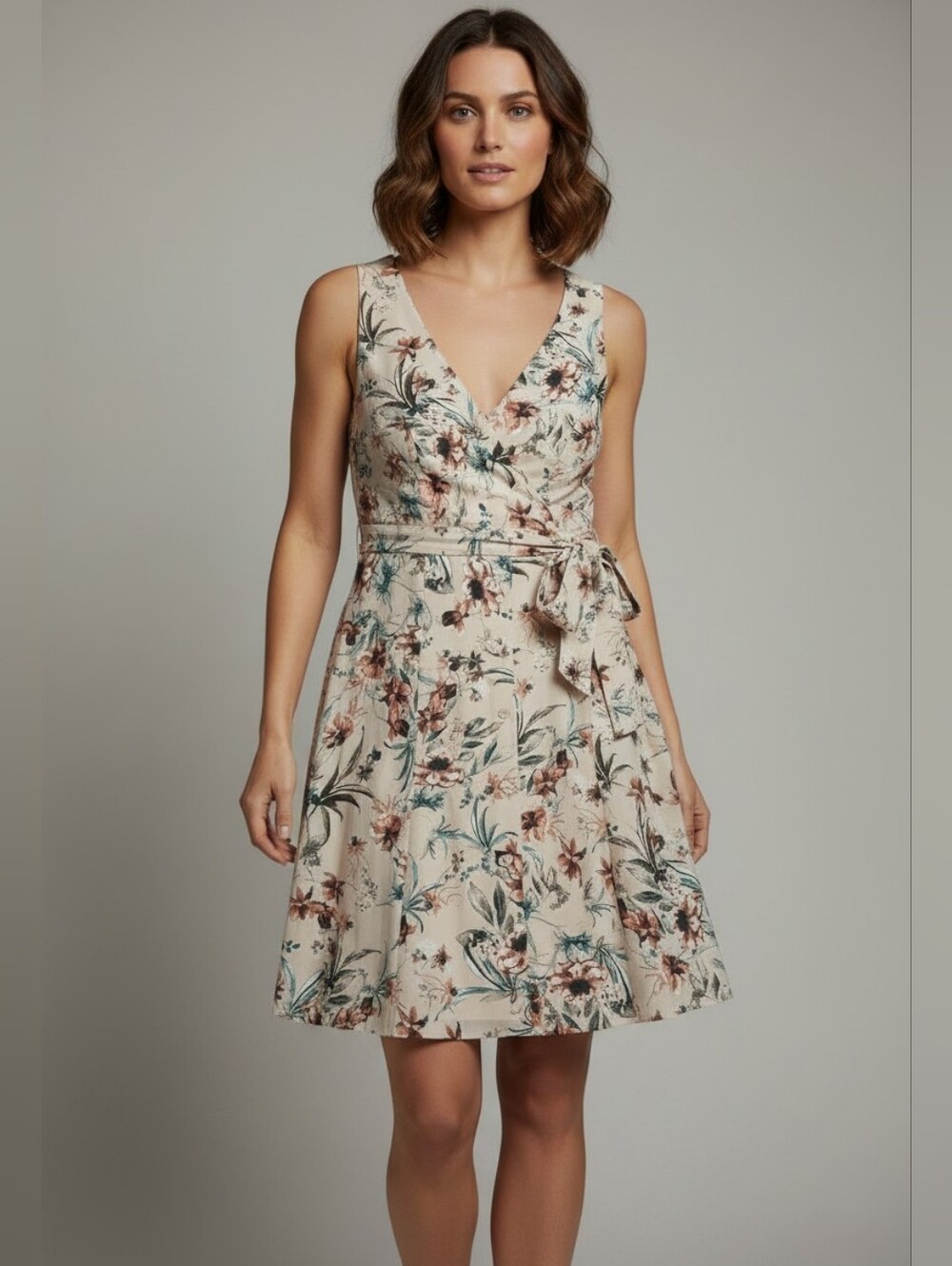 Sleeveless Floral V-Neck Belted Midi Dress - Cream Floral
